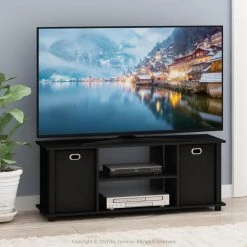 Econ 44 in. Black Wood TV Stand Fits TVs Up to 37 in. with Open Storage by Furinno -Furinno Sales black furinno tv stands 13054bk bk 31 1000