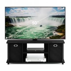 Econ 44 in. Black Wood TV Stand Fits TVs Up to 37 in. with Open Storage by Furinno -Furinno Sales black furinno tv stands 13054bk bk 4f 1000