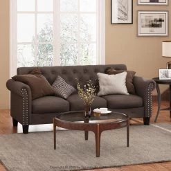 Bastia 68.9 in. Brown Faux Leather 3-Seater Chesterfield Sofa with Round Arms by Furinno -Furinno Sales brown faux leather furinno sofas couches fs193312xbr 31 1000