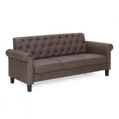 Bastia 68.9 in. Brown Faux Leather 3-Seater Chesterfield Sofa with Round Arms by Furinno -Furinno Sales brown faux leather furinno sofas couches fs193312xbr 4f 1000
