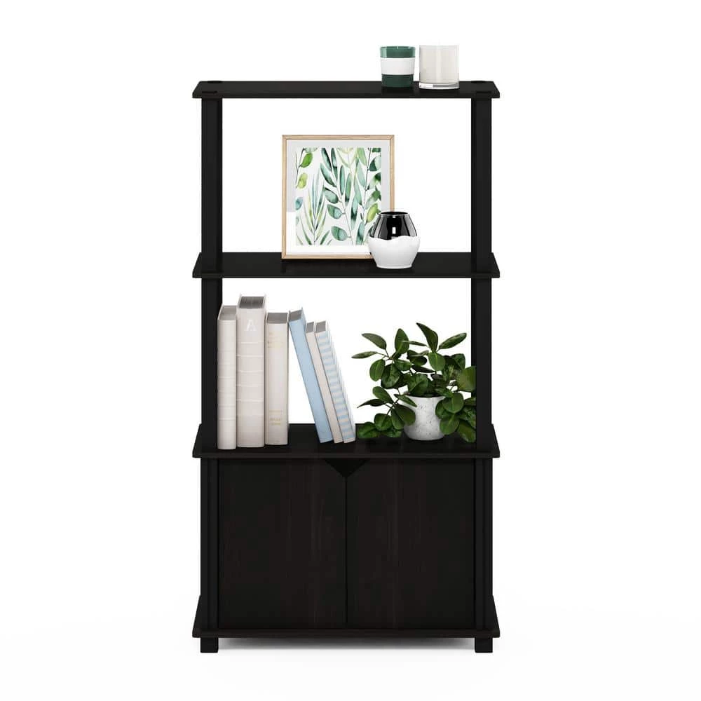 Brahms 43.1 in. Espresso / Black 4-Shelf Etagere Bookcase with Doors by Furinno 2 Brahms 43.1 in. Espresso / Black 4-Shelf Etagere Bookcase with Doors by Furinno - Image 2