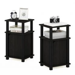 Brahms 13.4 in. Espresso / Black 3-Tier Rectangle Wood End Table with Door (Set of 2) by Furinno -Furinno Sales espresso black furinno end side tables 220224exbk 44 1000