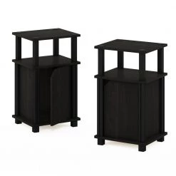 Brahms 13.4 in. Espresso / Black 3-Tier Rectangle Wood End Table with Door (Set of 2) by Furinno