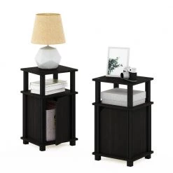 Brahms 13.4 in. Espresso / Black 3-Tier Rectangle Wood End Table with Door (Set of 2) by Furinno -Furinno Sales espresso black furinno end side tables 220224exbk fa 1000