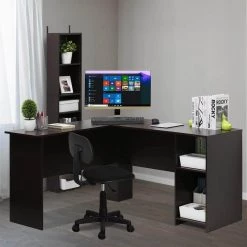 54 in. L-Shaped Espresso Computer Desk with Shelves by Furinno