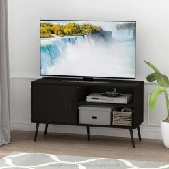 Claude 43.3 in. Espresso Mid Century TV Stand with A Cabinet and 2-Shelves Fits TV's up to 45 in. with Cable Management by Furinno -Furinno Sales espresso furinno tv stands 19111ex 31 1000