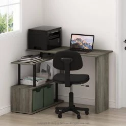 Moore 39.4 in. L-Shape French Oak / Black Computer Desk with 3-Tier Shelves by Furinno -Furinno Sales french oak black furinno computer desks 20199gywbk 31 1000