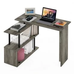 Moore 39.4 in. L-Shape French Oak / Black Computer Desk with 3-Tier Shelves by Furinno -Furinno Sales french oak black furinno computer desks 20199gywbk 66 1000