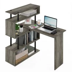 Moore 39.6 in. L-Shape French Oak / Black Computer Desk with 5-Tier Shelves by Furinno -Furinno Sales french oak black furinno computer desks 20200gywbk 76 1000