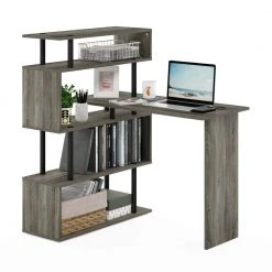 Moore 39.6 in. L-Shape French Oak / Black Computer Desk with 5-Tier Shelves by Furinno -Furinno Sales french oak black furinno computer desks 20200gywbk 77 1000