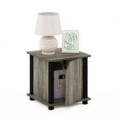 Brahms 15.5 in. French Oak/Black Rectangle Wood End Table with Door by Furinno -Furinno Sales french oak black furinno end side tables 20225gywbk 76 1000