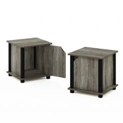 Brahms 13.4 in. French Oak/Black Rectangle Wood 3-Tier End Table with Door (Set of 2) by Furinno -Furinno Sales french oak black furinno end side tables 220225gywbk 1f 1000