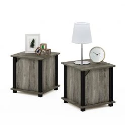 Brahms 13.4 in. French Oak/Black Rectangle Wood 3-Tier End Table with Door (Set of 2) by Furinno -Furinno Sales french oak black furinno end side tables 220225gywbk 44 1000