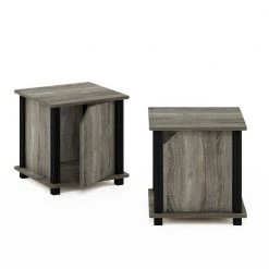 Brahms 13.4 in. French Oak/Black Rectangle Wood 3-Tier End Table with Door (Set of 2) by Furinno