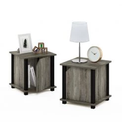 Brahms 13.4 in. French Oak/Black Rectangle Wood 3-Tier End Table with Door (Set of 2) by Furinno -Furinno Sales french oak black furinno end side tables 220225gywbk fa 1000