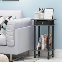 Turn-N-Tube French Oak Grey/Black/Black Tall End Table with Bin (Set of 2) by Furinno -Furinno Sales french oak grey black black furinno end side tables 217017gywbkbk 31 1000
