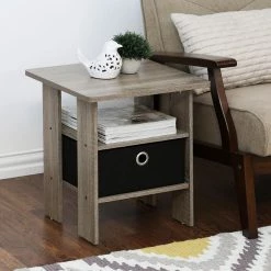 French Oak Grey and Black Storage End Table by Furinno