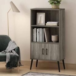 Claude French Oak Grey Mid-Century Style Accent Cabinet with 2-Shelf by Furinno -Furinno Sales french oak grey furinno accent cabinets 19115gyw 40 1000
