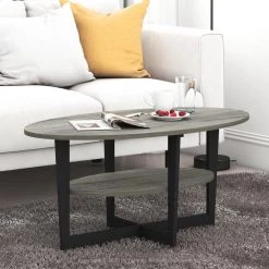 Jaya 36 in. French Oak Gray Medium Oval Wood Coffee Table with Shelf by Furinno -Furinno Sales french oak grey furinno coffee tables 15020gywbk 31 1000