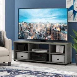 Montale 59 in. French Oak Grey TV Stand with Shelves for TV up to 65 in. by Furinno -Furinno Sales french oak grey furinno tv stands 19152gyw 31 1000