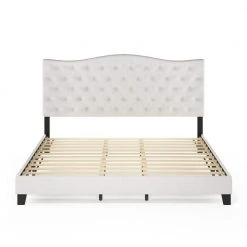 Lille White Linen King Tufted Bed Frame by Furinno -Furinno Sales linen furinno platform beds fb18011k bg c3 1000