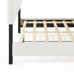 Lille White Linen Queen Tufted Bed Frame by Furinno -Furinno Sales linen furinno platform beds fb18011q bg 44 1000
