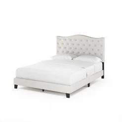 Lille White Linen Queen Tufted Bed Frame by Furinno -Furinno Sales linen furinno platform beds fb18011q bg 4f 1000