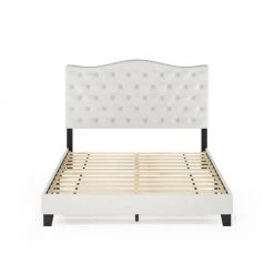 Lille White Linen Queen Tufted Bed Frame by Furinno -Furinno Sales linen furinno platform beds fb18011q bg c3 1000