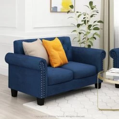 Bastia 47.6 in. Navy Button Tufted Velvet 2-Seater Loveseat with Nailheads by Furinno 12 Bastia 47.6 in. Navy Button Tufted Velvet 2-Seater Loveseat with Nailheads by Furinno -Furinno Sales navy velvet furinno loveseats fs193311vnv 40 1000