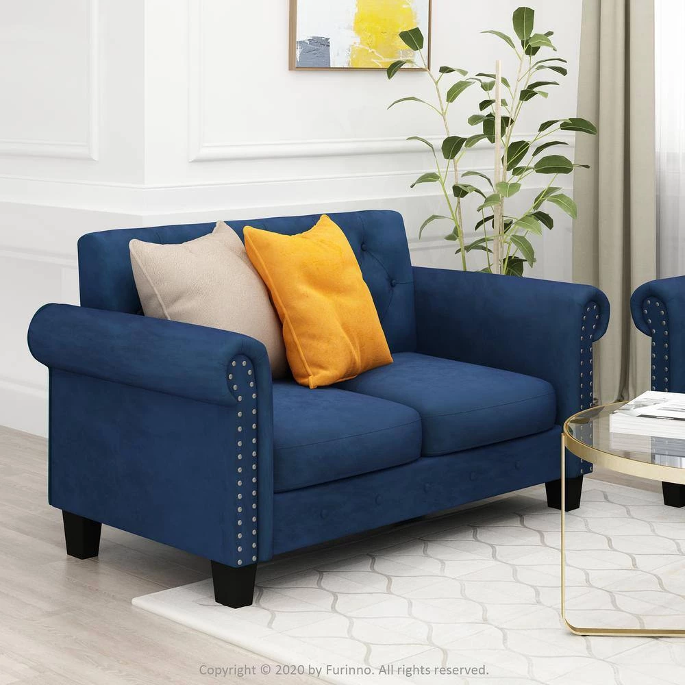 Bastia 47.6 in. Navy Button Tufted Velvet 2-Seater Loveseat with Nailheads by Furinno 3 Bastia 47.6 in. Navy Button Tufted Velvet 2-Seater Loveseat with Nailheads by Furinno - Image 3