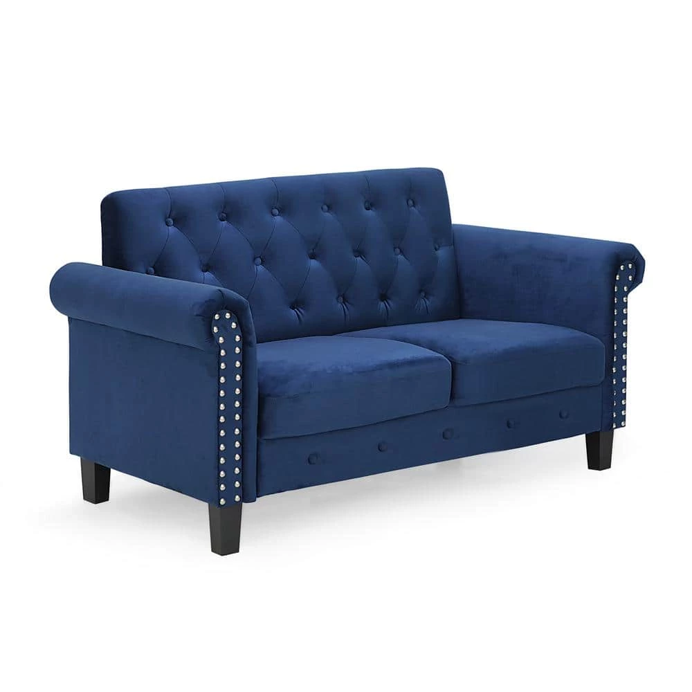 Bastia 47.6 in. Navy Button Tufted Velvet 2-Seater Loveseat with Nailheads by Furinno 6 Bastia 47.6 in. Navy Button Tufted Velvet 2-Seater Loveseat with Nailheads by Furinno - Image 6