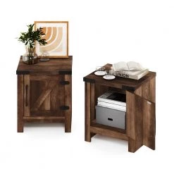 Jensen Farmhouse 17.72 in. Rustic Brown Rectangle Wood End Table with Barn Door (Set of 2) by Furinno -Furinno Sales rustic brown furinno end side tables 2fh22002rbr 1f 1000