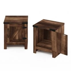 Jensen Farmhouse 17.72 in. Rustic Brown Rectangle Wood End Table with Barn Door (Set of 2) by Furinno -Furinno Sales rustic brown furinno end side tables 2fh22002rbr 4f 1000
