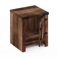 Jensen Farmhouse 17.72 in. Rustic Brown Rectangle Wood End Table with Barn Door by Furinno -Furinno Sales rustic brown furinno end side tables fh22002rbr 1f 1000