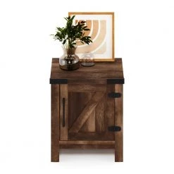 Jensen Farmhouse 17.72 in. Rustic Brown Rectangle Wood End Table with Barn Door by Furinno -Furinno Sales rustic brown furinno end side tables fh22002rbr fa 1000