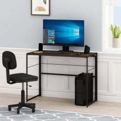 Riau 39 in. Rustic Oak/Black No Tool Wooden Computer Desk with Metal Frame by Furinno -Furinno Sales rustic oak furinno computer desks fm1050robk 31 1000