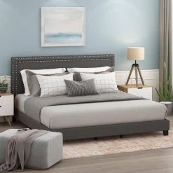 Laval Stone Queen Double Row Nail Head Bed Frame by Furinno -Furinno Sales stone furinno platform beds fb17023q st 31 1000