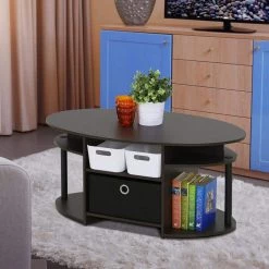 Jaya 36 in. Walnut/Black Medium Oval Wood Coffee Table with Shelf by Furinno