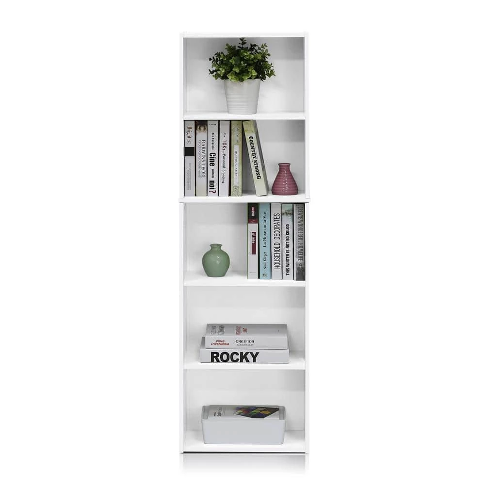 Tropika 52 in. White Faux Wood 5-shelf Standard Bookcase with Storage by Furinno 4 Tropika 52 in. White Faux Wood 5-shelf Standard Bookcase with Storage by Furinno - Image 4