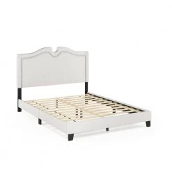 Davina White King Linen Nailhead Trim Bed Frame by Furinno