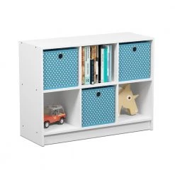 Basic 23.6 in. White/Light Blue 6-Cube Bookcase with Storage Bins by Furinno -Furinno Sales white light blue furinno bookcases bookshelves 99940wh lbl 4f 1000